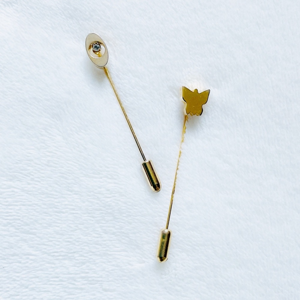 Vintage Gold Tone Stick Hat Lapel Pins Set 2 Butterfly Oval Rhinestone
